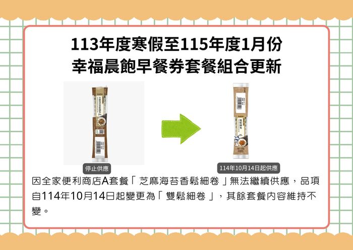 【轉知】👉全家晨飽早餐組合(芝麻海苔香鬆細捲)自10/14起更新圖片
